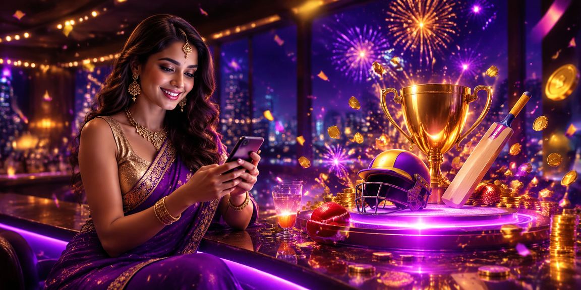 Cricket fan using mobile betting app with neon lights